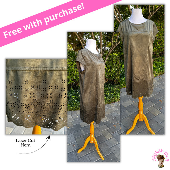 Free W/Purchase Y2k Shift Dress Faux Suede Green Fall Winter Laser Eyelet detail - Picture 1 of 10